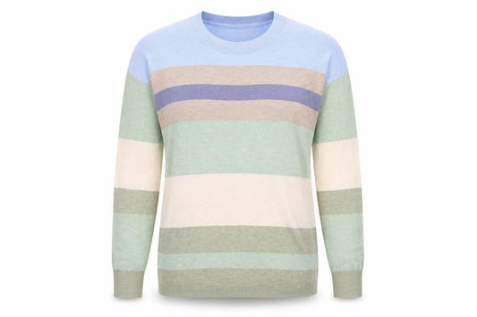 Front view of Fransa women’s multicoloured round neck striped viscose jumper, size S
