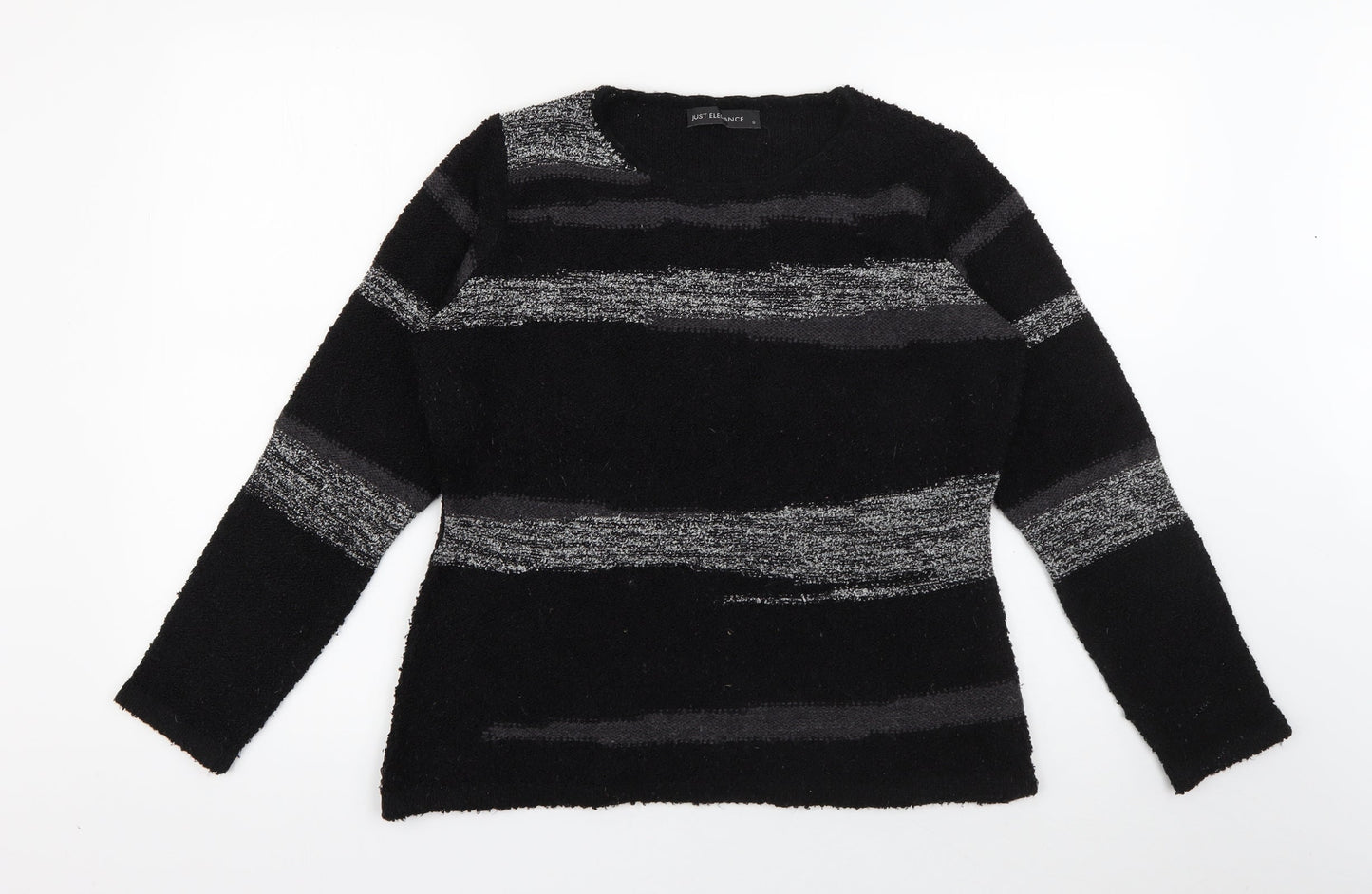 Just Elegance Womens Black Round Neck Striped Acrylic Pullover Jumper Size S