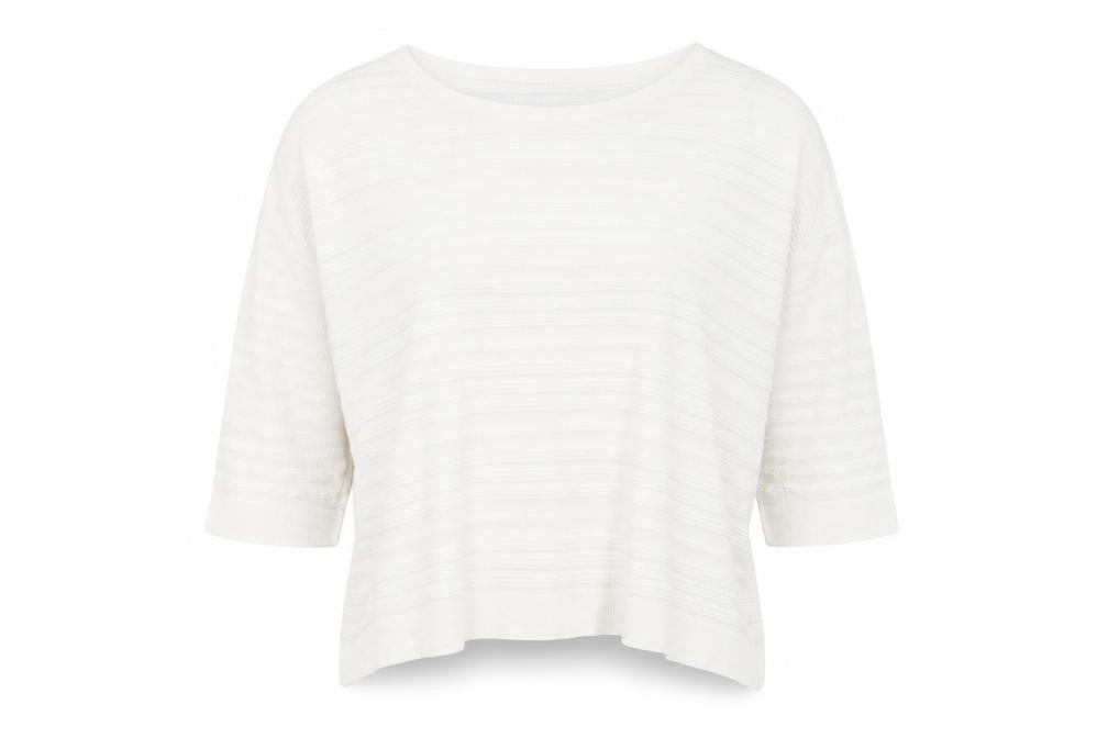 Front view of Wallis women’s white striped viscose jersey blouse, size M, boat neck