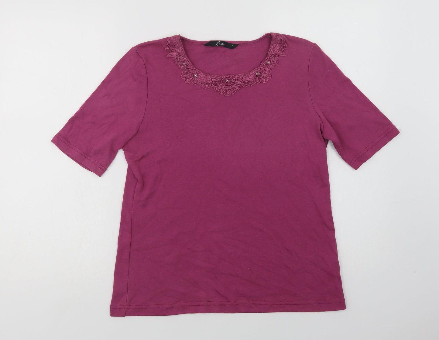 Bonmarché Womens Purple  Polyester Basic T-Shirt Size S Round Neck - Lace Detail
