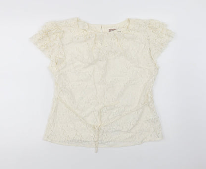 A Wear Womens Ivory  Cotton Basic Blouse Size 14 Round Neck - Lace Overlay