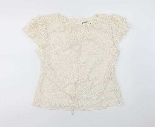 Front view of A Wear women’s ivory cotton basic blouse, size UK 14, round neck - lace overlay