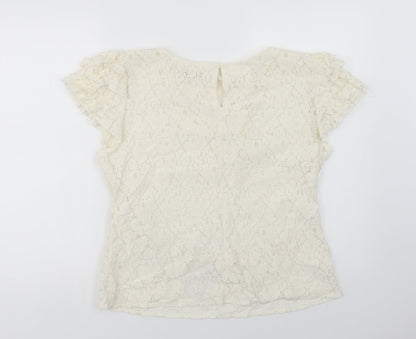 A Wear Womens Ivory  Cotton Basic Blouse Size 14 Round Neck - Lace Overlay