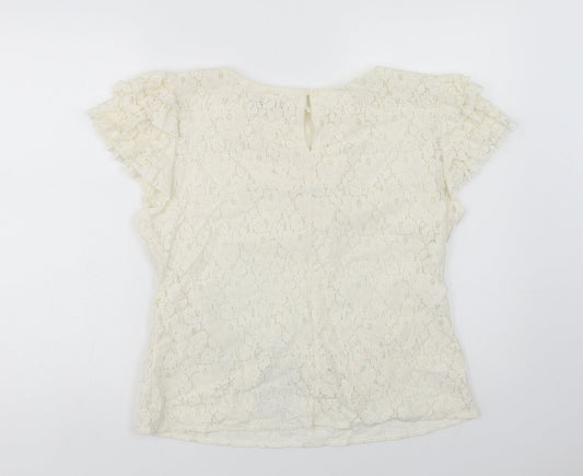 Back view of A Wear women’s ivory cotton basic blouse, size UK 14, round neck - lace overlay