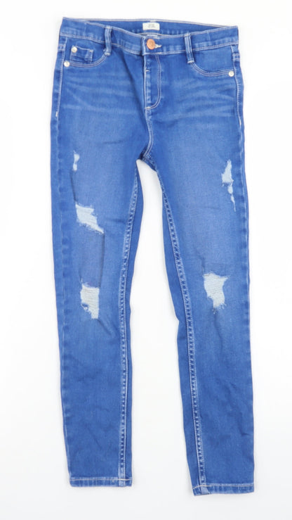 River Island Girls Blue  Cotton Skinny Jeans Size 9 Months  Regular Button - Distressed