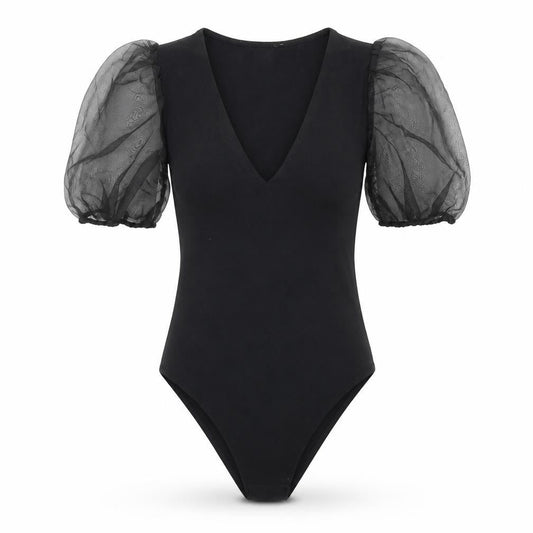 Front view of New Look women’s black cotton bodysuit one-piece, size UK 6, snap - puff sleeve
