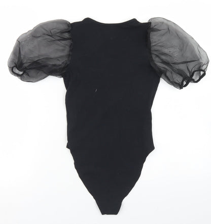 New Look Womens Black  Cotton Bodysuit One-Piece Size 6  Snap - Puff Sleeve