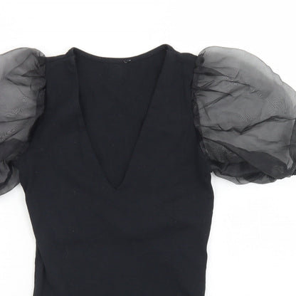 New Look Womens Black  Cotton Bodysuit One-Piece Size 6  Snap - Puff Sleeve