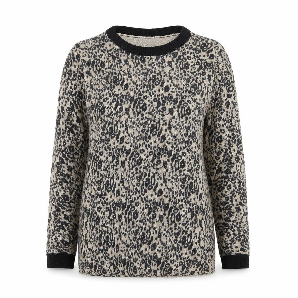 Front view of Topshop women’s beige crew neck animal print viscose jumper, size UK 6