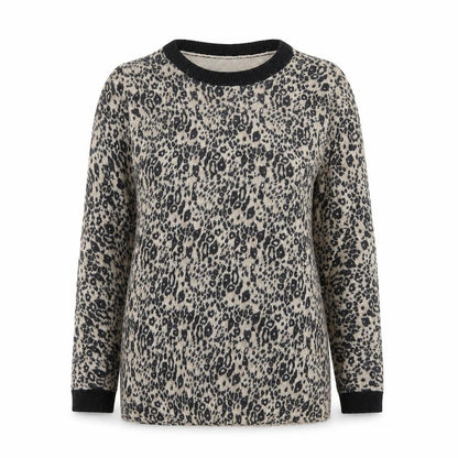 Front view of Topshop women’s beige crew neck animal print viscose jumper, size UK 6