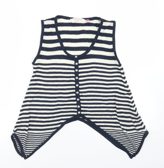 Additional front view of 915 Generation girls’ blue round neck striped viscose cardigan jumper, size 12-13, years