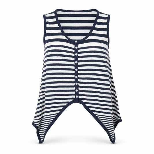 Front view of 915 Generation girls’ blue round neck striped viscose cardigan jumper, size 12-13, years
