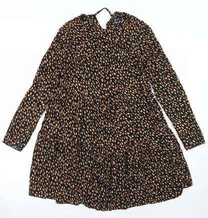 New Look Womens Black Animal Print Viscose Fit & Flare  Size 8  Round Neck Tie