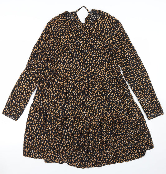 New Look Womens Black Animal Print Viscose Fit & Flare  Size 8  Round Neck Tie