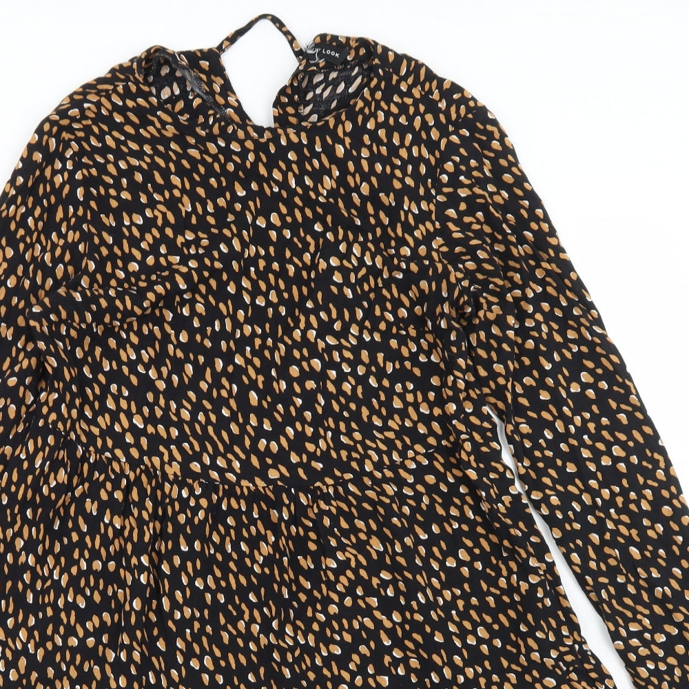 New Look Womens Black Animal Print Viscose Fit & Flare  Size 8  Round Neck Tie