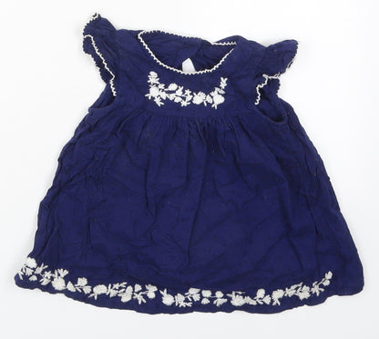George Girls Blue Floral Cotton A-Line  Size 12-18 Months  Round Neck Button