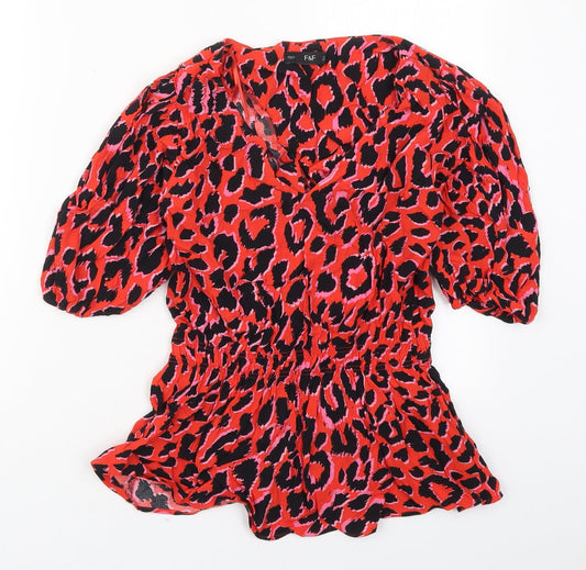 F&F Womens Red Animal Print Viscose Basic Blouse Size 6 V-Neck