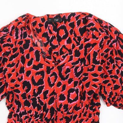 F&F Womens Red Animal Print Viscose Basic Blouse Size 6 V-Neck