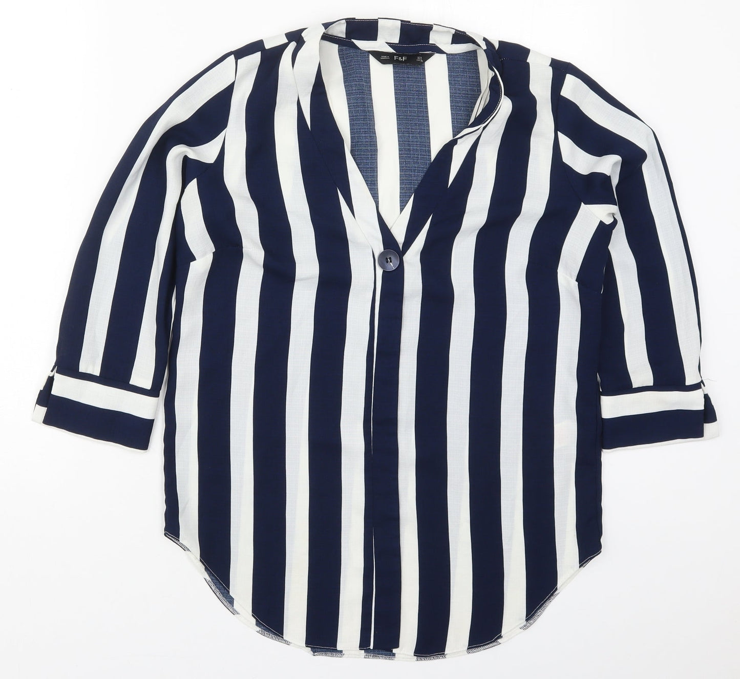 F&F Womens Blue Striped Polyester Basic Blouse Size 8 V-Neck