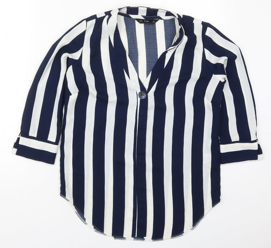 F&F Womens Blue Striped Polyester Basic Blouse Size 8 V-Neck