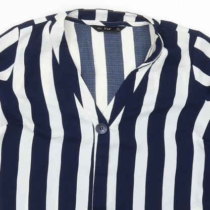 F&F Womens Blue Striped Polyester Basic Blouse Size 8 V-Neck