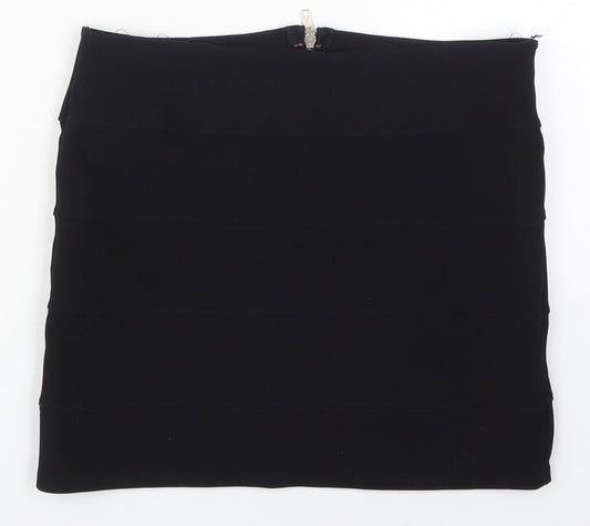 Additional front view of Exhibit women’s black polyester mini skirt, size UK 12, regular zip