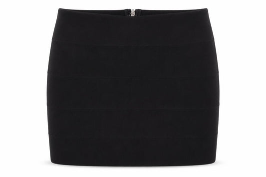 Front view of Exhibit women’s black polyester mini skirt, size UK 12, regular zip