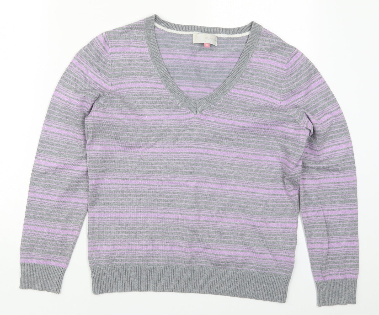 John Lewis Womens Purple V-Neck Striped Viscose Pullover Jumper Size 14