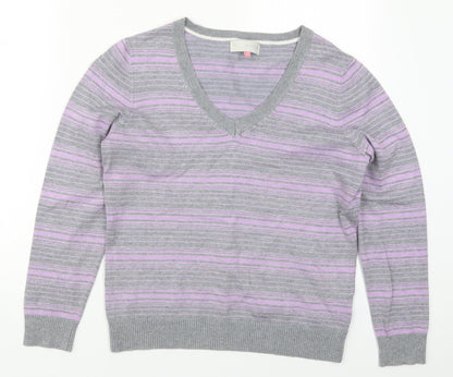 John Lewis Womens Purple V-Neck Striped Viscose Pullover Jumper Size 14