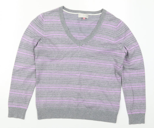 John Lewis Womens Purple V-Neck Striped Viscose Pullover Jumper Size 14
