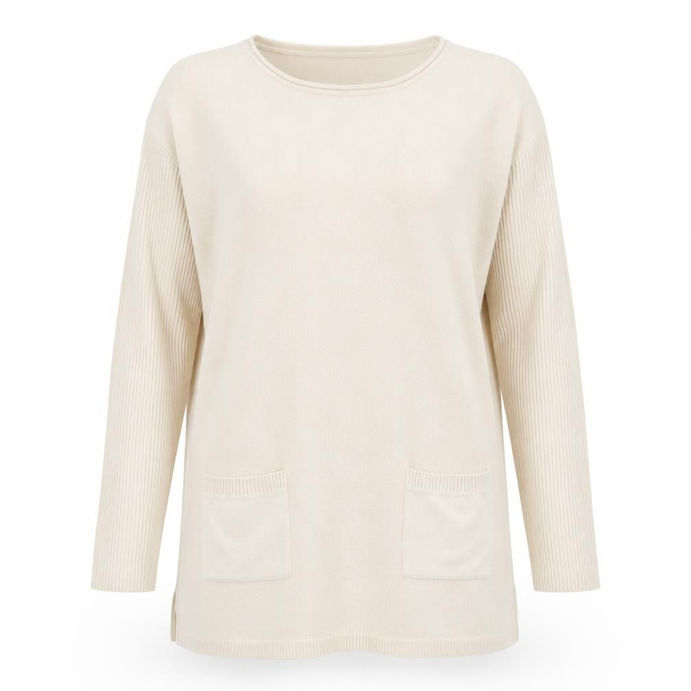 Front view of Papaya women’s beige round neck acrylic jumper, size UK 10