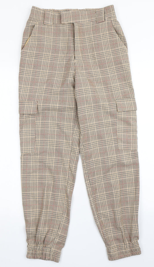 Stradivarius Womens Brown Check Polyester Trousers  Size S L27 in Regular Button