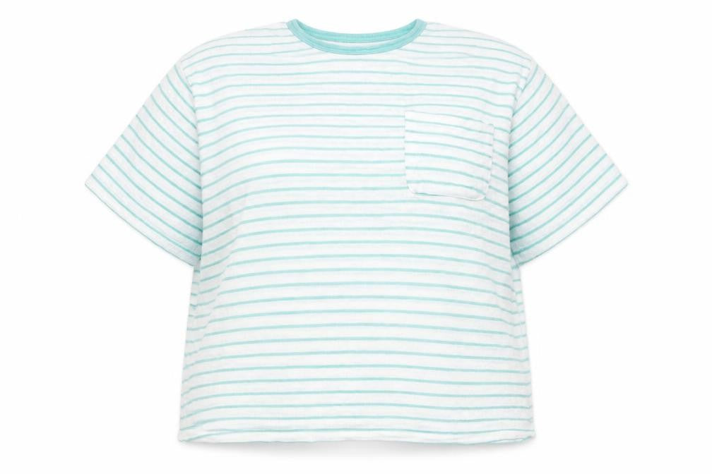 Front view of Dunnes women’s white striped viscose pullover sweatshirt, size L