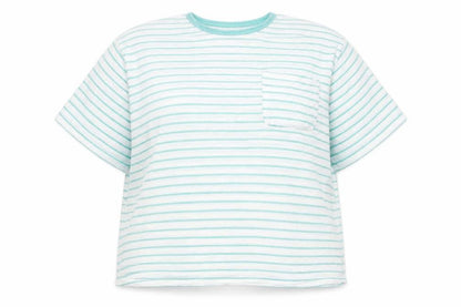 Front view of Dunnes women’s white striped viscose pullover sweatshirt, size L