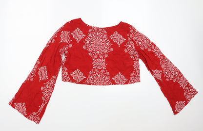 Boohoo Womens Red Floral Viscose Cropped Blouse Size 6 Round Neck