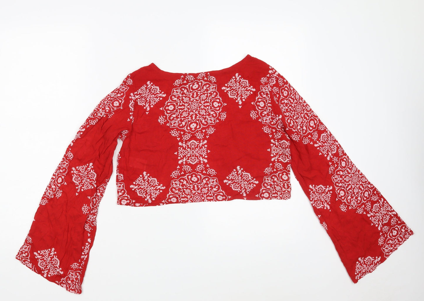 Boohoo Womens Red Floral Viscose Cropped Blouse Size 6 Round Neck