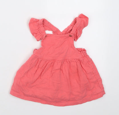 F&F Girls Pink  Cotton Pinafore/Dungaree Dress  Size 6-9 Months  Square Neck Button