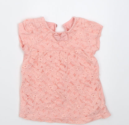 Dunnes Stores Girls Pink Floral Cotton Basic T-Shirt Size 3-6 Months Crew Neck Button