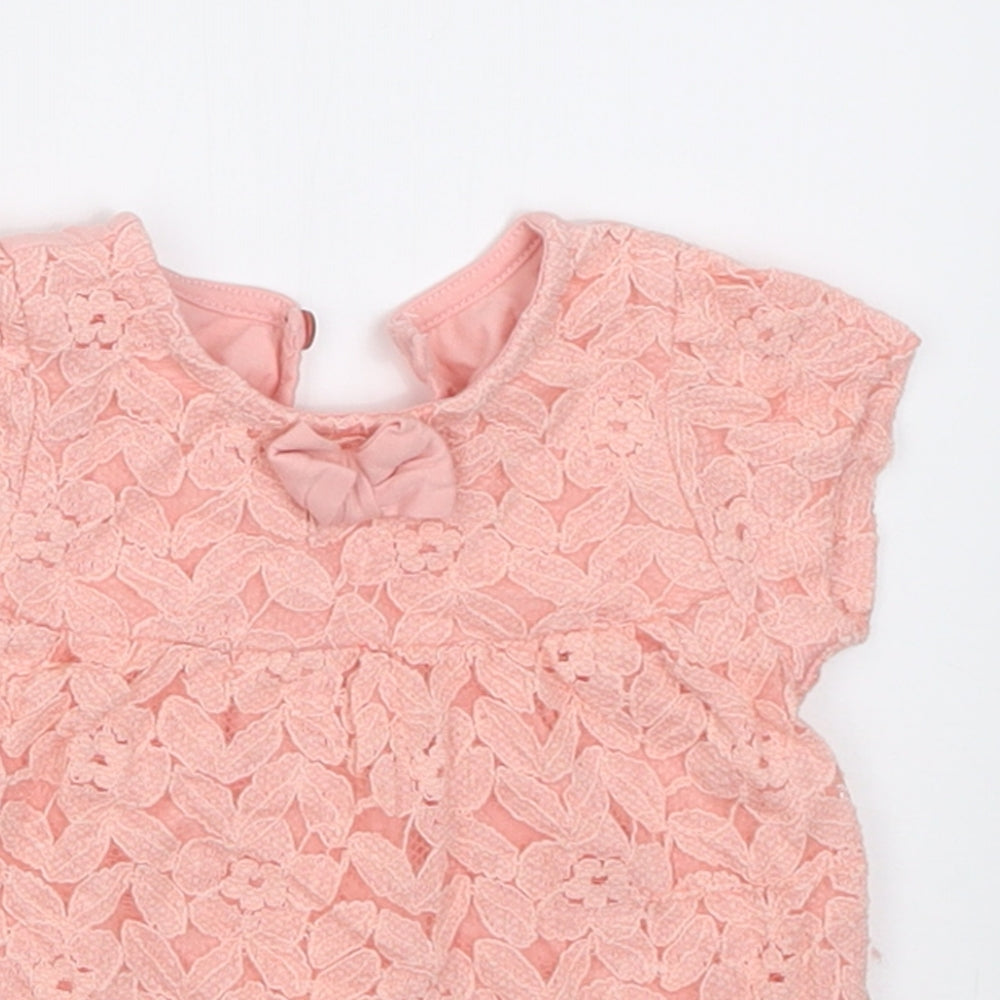 Dunnes Stores Girls Pink Floral Cotton Basic T-Shirt Size 3-6 Months Crew Neck Button