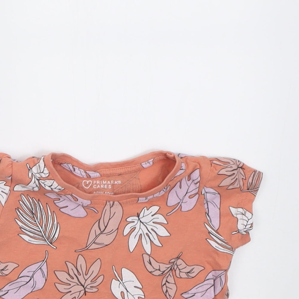 Primark Girls Orange Geometric Cotton Basic T-Shirt Size 9-12 Months Crew Neck Pullover
