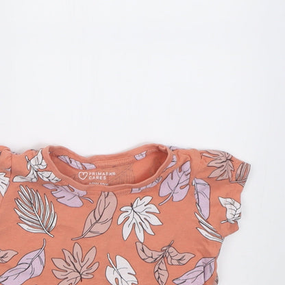Primark Girls Orange Geometric Cotton Basic T-Shirt Size 9-12 Months Crew Neck Pullover