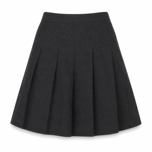 Front view of Dunnes girls’ grey polyester a-line skirt, size 5-6, years regular pull on - school wear