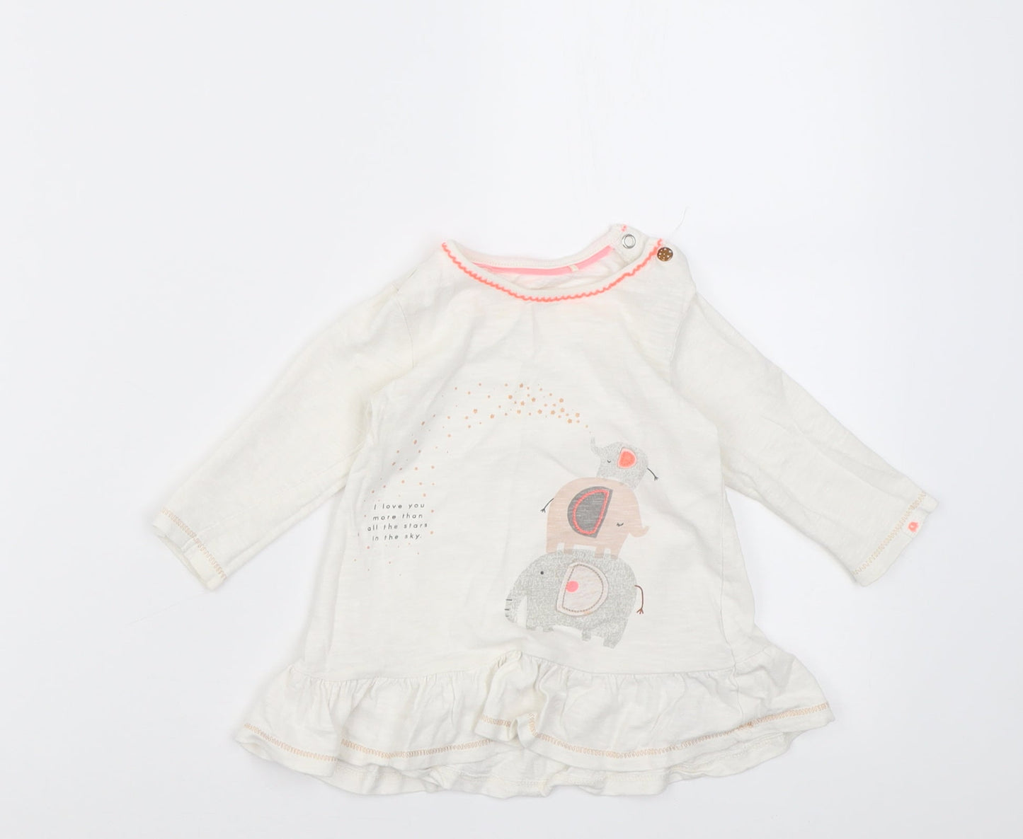 Mothercare Girls White  Cotton Tunic Casual Size 6-9 Months Crew Neck Button - elephant