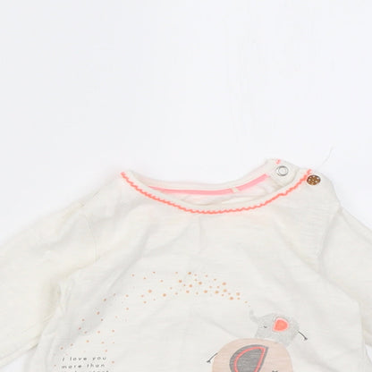 Mothercare Girls White  Cotton Tunic Casual Size 6-9 Months Crew Neck Button - elephant