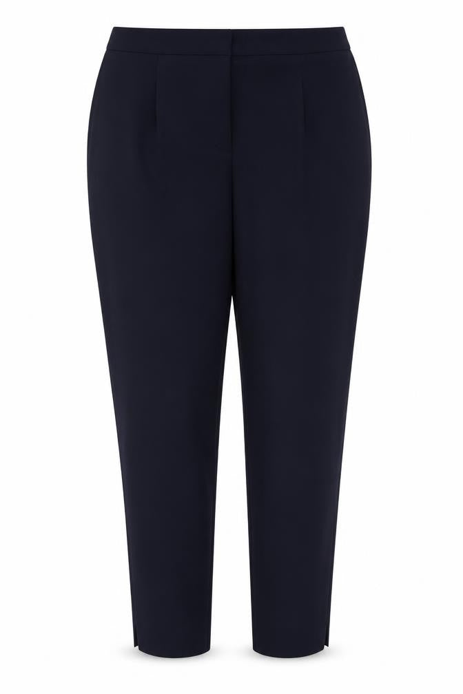 Front view of Marks & Spencer women’s blue polyester trousers, size UK 14, 26-inch leg regular hook & eye
