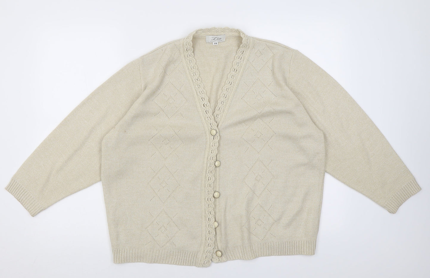 Lio Womens Beige V-Neck  Acrylic Cardigan Jumper Size M
