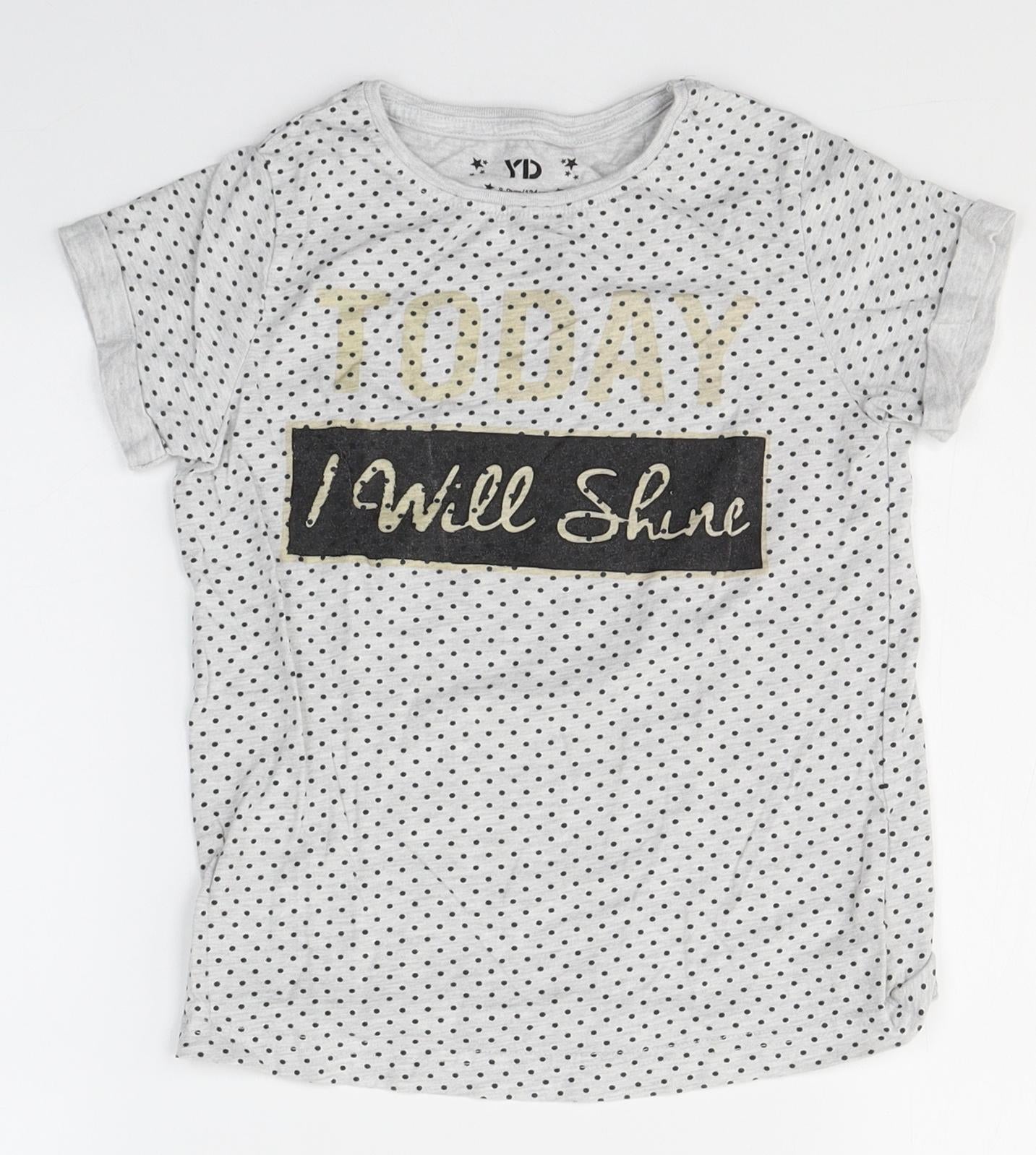 YD Girls Grey Spotted Cotton Basic T-Shirt Size 8-9 Years Round Neck  - Today I will shine