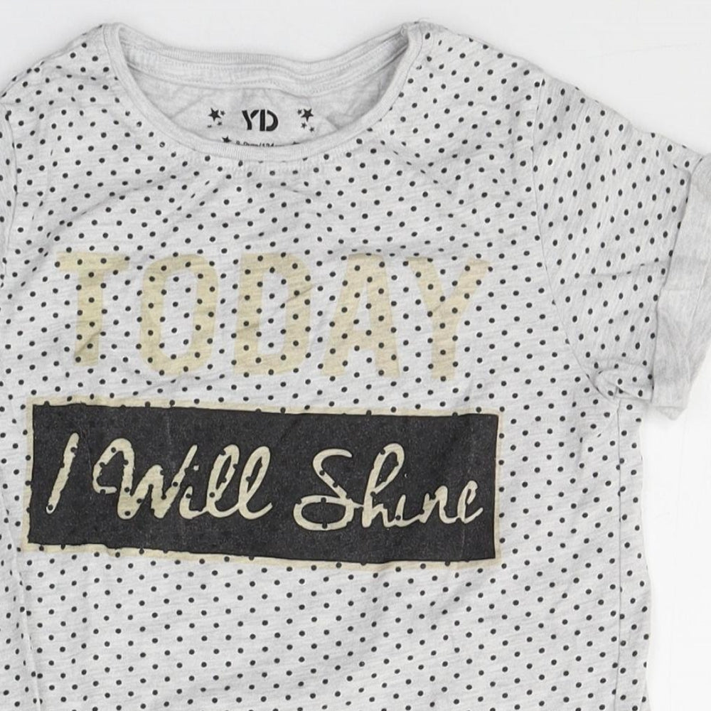 YD Girls Grey Spotted Cotton Basic T-Shirt Size 8-9 Years Round Neck  - Today I will shine