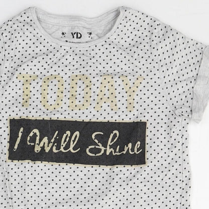 YD Girls Grey Spotted Cotton Basic T-Shirt Size 8-9 Years Round Neck  - Today I will shine