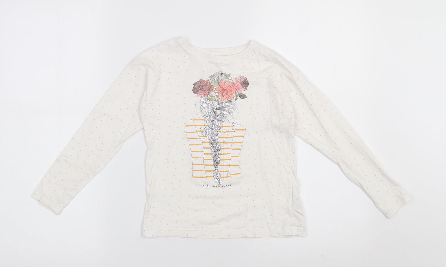 Dunnes Stores Girls White Polka Dot 100% Cotton Basic T-Shirt Size 7 Years Round Neck Pullover
